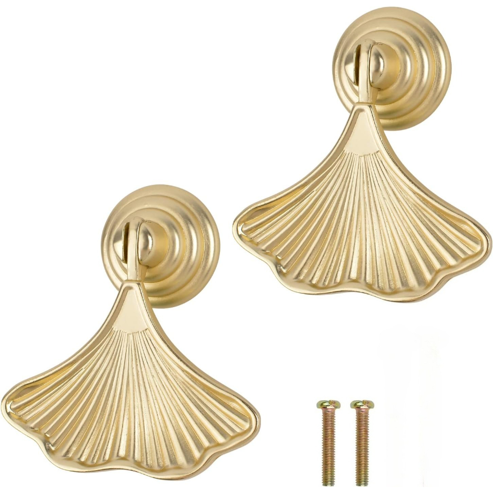 Furniture Hardware Drop Pulls - 2er-Pack Knopfgriffe in Ginkgoblatt-Form, goldener Anhängergriff,
